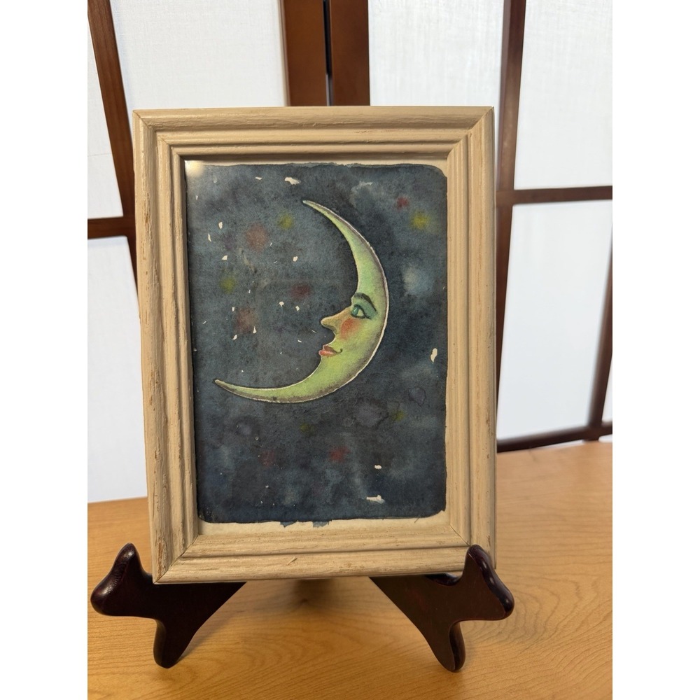 Vtg Celestial Moon face Mini Painting Framed Art 5x7 Hand painted Water Color